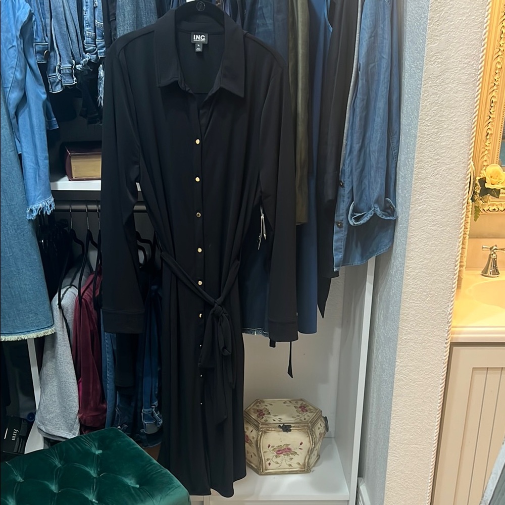 INC International Concepts Black Button-Front Midi Shirt Dress